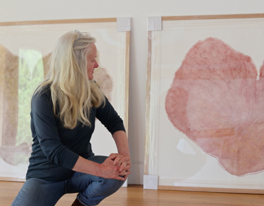 Printmaker Shona Branigan With The Heartwood Prints She Created From A Disc Of The Felled Sycamore Gap Tree © Shona Branigan